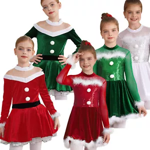 Kids Girls Christmas Figure Ice Skating Dress Mrs Santa Claus Xmas Party Costume - Picture 1 of 75