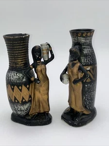 PAAR Statue Frau mit Krug Vase SELTEN 8" schwarz/gold - Bild 1 von 7
