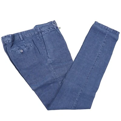 Pantalones chinos Luigi Borrelli azul medio de lino lavado 32 nuevos con etiquetas Foto 1 de 4