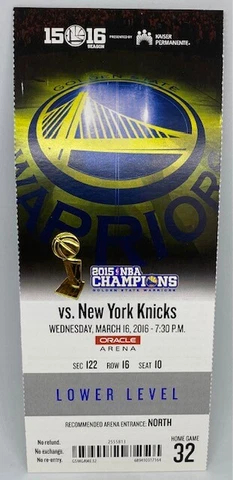 2015-16 Golden State Warriors MINT FULL SEASON TICKET Win #61 73 Win Season RARE Cover