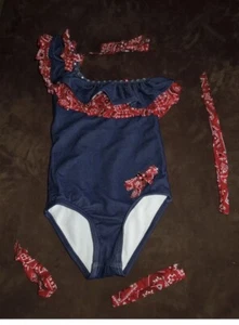 New Custom Made Girls Pageant Denim & Red  Swimwear Size 4/5/6 - Picture 1 of 2