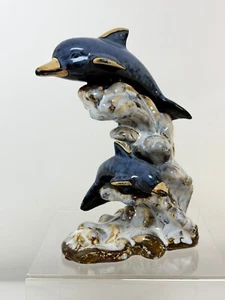 Zwei Delfine blaue Statue, Delphin Figur, glasierte Keramik - Bild 1 von 12