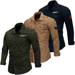 Camisa de carga para hombre manga larga camisas militares casuales ropa de trabajo bordada - Imagen 1 de 13