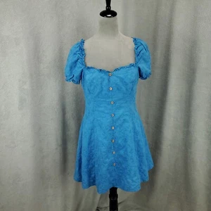 Lulu's Dress Womens Large Blue Mini Puff Sleeve Sweetheart Neck Lined Floral - Picture 1 of 10