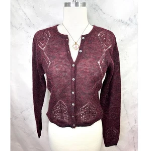 Calme Johnny Was y2k Burgundy Open Knit Cardigan Sweater Top S Wool Cottagecore - Picture 1 of 18