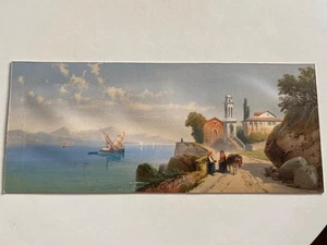COLOUR LITHOGRAPH By HANHART 1800s FOREIGN COUNTRY SEA SCENE WOMEN DONKEY - Picture 1 of 3