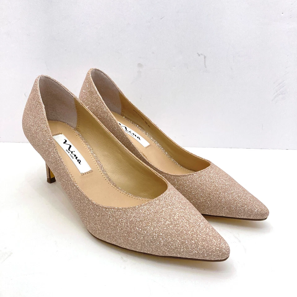 NUEVO Zapatos de salón Nina Glitter para mujer 7,5 EU 37,5 oro champán 2,5" tacón punta puntiaguda Foto 1 de 4