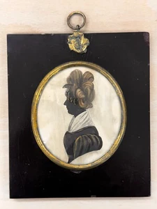 Antique Picture Miniature Portrait Lady Painting Silhouette 19thc Mrs Walton - Picture 1 of 4
