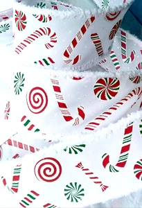 Christmas Candy Cane 2.5" by 2 yds White Wired Ribbon Chenille Edge Peppermint - Picture 1 of 7