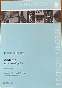 Brahms: Andante from Op 83 for Cello & Piano Book~Ed.Sikorski~Item #1738~NEW - Picture 1 of 3