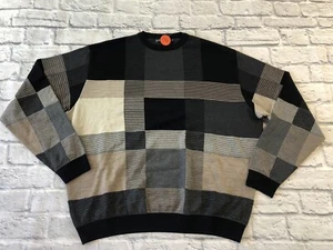 BULLOCK & JONES LONG SLEEVE 100% WOOL SWEATER MADE IN USA GEOMETRIC BLACK TAN - Picture 1 of 9
