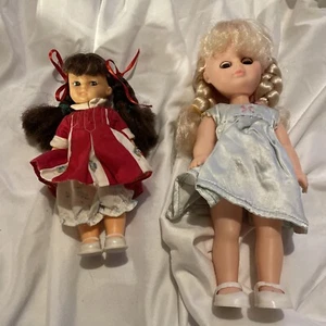 Vintage Small Dolls Lot of 2, 1 With Sleeping Eyes In Light Blue Dress, 1 In Red - Picture 1 of 13