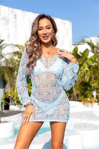 Blue Sheer Crochet Open Back Long Sleeve Swimsuit Cover Up Resort Wear - Picture 1 of 25