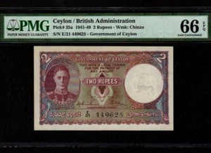 Ceylon (Sri Lanka):P-35,2 Rupees,1944 * King George VI * PMG Gem UNC 66 EPQ * - Picture 1 of 2