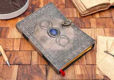 Blank Witches Spell Book of Shadows leather Grimoire Triple Moon Crystal Leather - Image 1 of 4