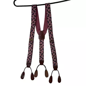 CAS W Germany Men's Elastic Suspenders Pink Paisley Leather Button Loop Tips - Picture 1 of 7