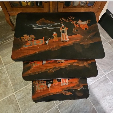3 Vintage Oriental Handpainted Black Lacquer Nesting Tables Excellent Condition Cover