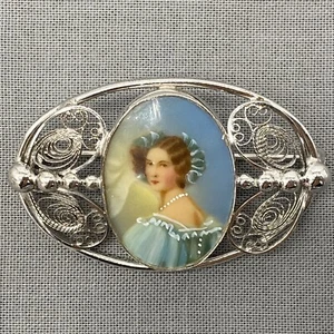 Broche vintage de filigrana de plata esterlina camafeo pintado a mano Carl Art - Imagen 1 de 4