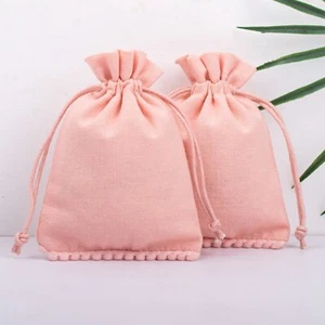 25 Pcs Bottom Pom-Pom Drawstring Cotton Handmade Woven Peach Jewelry Pouch 3x4" - Picture 1 of 6