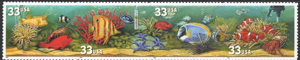 US Scott #3320b, "Aquarium Fish" Horizontal strip of 4, MNH - Image 1 of 1