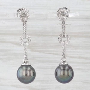 Diamant Black Pearl 14k Weiss Gold Lange Ohrringe - Bild 1 von 6