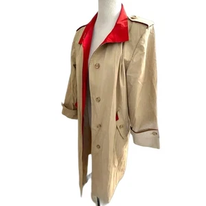 VTG London Fog Kahki & Red Trim Free Style Trench Coat Women’s Size 12P I.Magnin - Picture 1 of 13