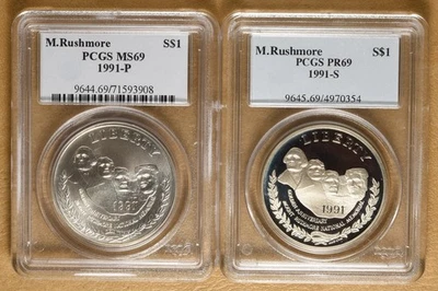 1991 Unc & Proof Mount Rushmore Commemorative Silver Dollars PCGS MS69 & PR69 - Image 1 of 2