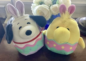 Two Squishmallow PEANUTS 8” Snoopy and Woodstock Easter Egg Bunny Ears NWT - Picture 1 of 5