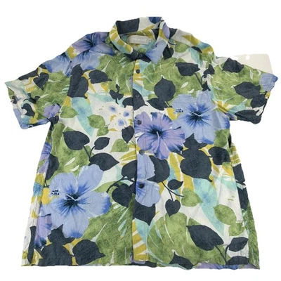 Jams World Hibiscus Palm Blue Green Rayon Button Up Hawaiian Made Shirt Sz Large Foto 1 de 4