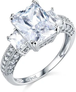 5 Ct Radiant Cut & Round 3 Three Stone Engagement Ring Solid 14K White Gold - Picture 1 of 3