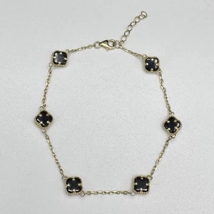 14K Yellow Gold Onyx Clover Bracelet 7-7.5” Adjustable Quatrefoil Link 4.4g - Picture 1 of 7