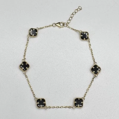 14K Yellow Gold Onyx Clover Bracelet 7-7.5” Adjustable Quatrefoil Link 4.4g - Image 1 of 4