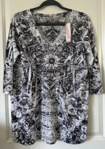 KIARA Women's XL Black White Pullover Stretch V Neck Top Sequins 3/4 Sleeve NWT - Picture 1 of 14