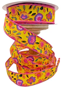 Bright Pink Neon Yellow Flower Flowers Ribbon 1.5" Pink Wire Edge Spring Summer - Picture 1 of 2