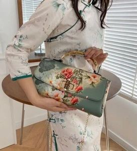 Elegant Chinese Style Green Floral Handbag - Bamboo Handle & Chain Strap - Picture 1 of 6
