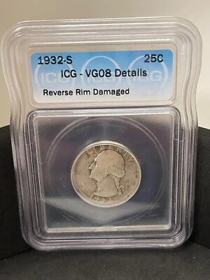 1932-S Silver Washington Quarter ICG VG8 25C REVERSE RIM DAMAGED - Image 1 of 2