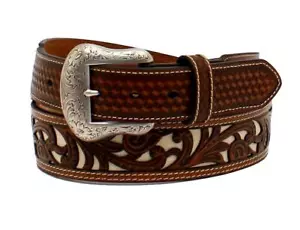 Nocona Western Mens Belt Leather Tapered Ivory Underlay Floral Tan N210003808 - Picture 1 of 1