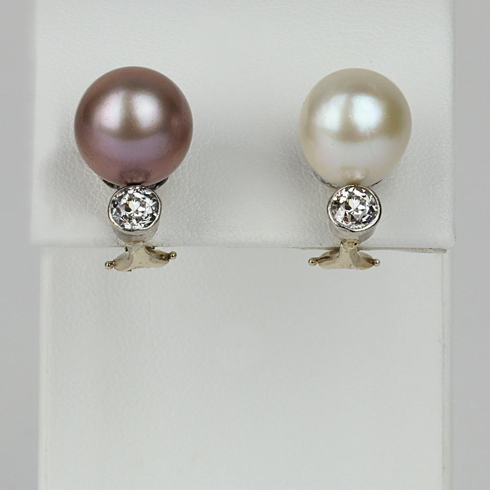 Stunning 14k White Gold, Pearl, 0.80 Carat Diamond Women's Omega Earrings - Image 1 of 2