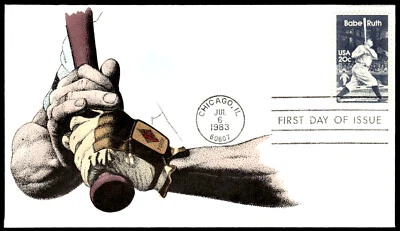 1983 FDC George Herman "Babe" Ruth Hands On Bat Rick Chase DRC Cachet-Color - Image 1 of 2