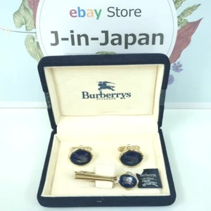 Burberry cufflinks and tie clip set silver 925 gold navy Men's Used from Japan - Picture 1 of 24