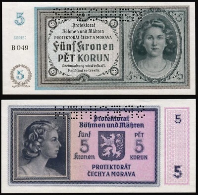 Bohemia & Moravia 5 korun 1940 Woman Front & Back P4s Perforated Specimen (a)UNC - Image 1 of 4