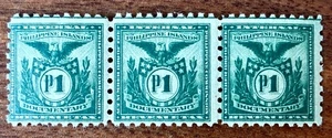 Documental de Filipinas, estampillas de ingresos, tira de tres, 1 peso, MNH, OG - Imagen 1 de 2