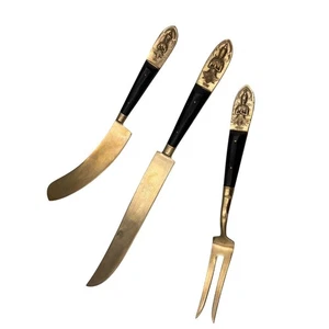 Vintage SIAM Messing & schwarzer Griff geprägt Schnitzerei 3er Set - Bild 1 von 5