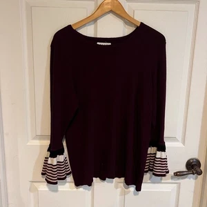 ELLE Damen Burgunderrot Glockenärmel Pullover Oberteil Gestreift Stufenbündchen Gr. XL - Bild 1 von 4