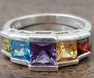 Sterling Silver Amethyst Blue Topaz Citrine Garnet and Peridot Ring Size 9 1/4 - Image 1 of 4