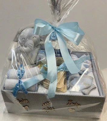 Welcome Baby Boy Deluxe Gift Basket. Cotton. Blue/ Gray. Elephant. - Image 1 of 2