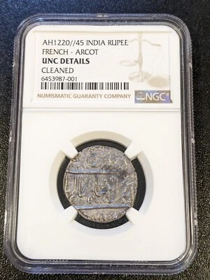 AH 1220 45 1806 India Francesa Arcot Rupia de Plata NGC UNC Detalles Limpios KM 15 Foto 1 de 4