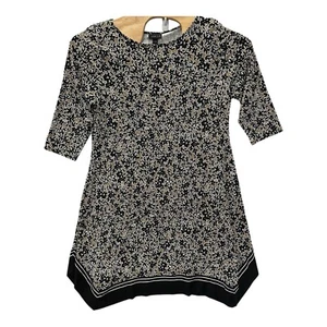 J Jill Dress Women Large Mocha Black Floral 3/4 Sleeve Wearever Handkerchief Hem - Picture 1 of 7