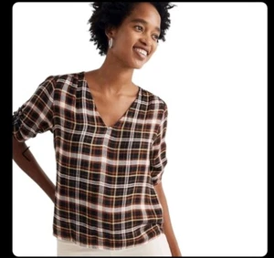 Madewell Women’s Black Plaid Cinch Sleeve Shirt Women Sz XXS Small  - Picture 1 of 4