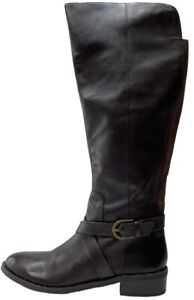 INC Leather WIDE CALF Riding Boots Women's 8.5 Dark Brown Block-Heel Buckle NEW